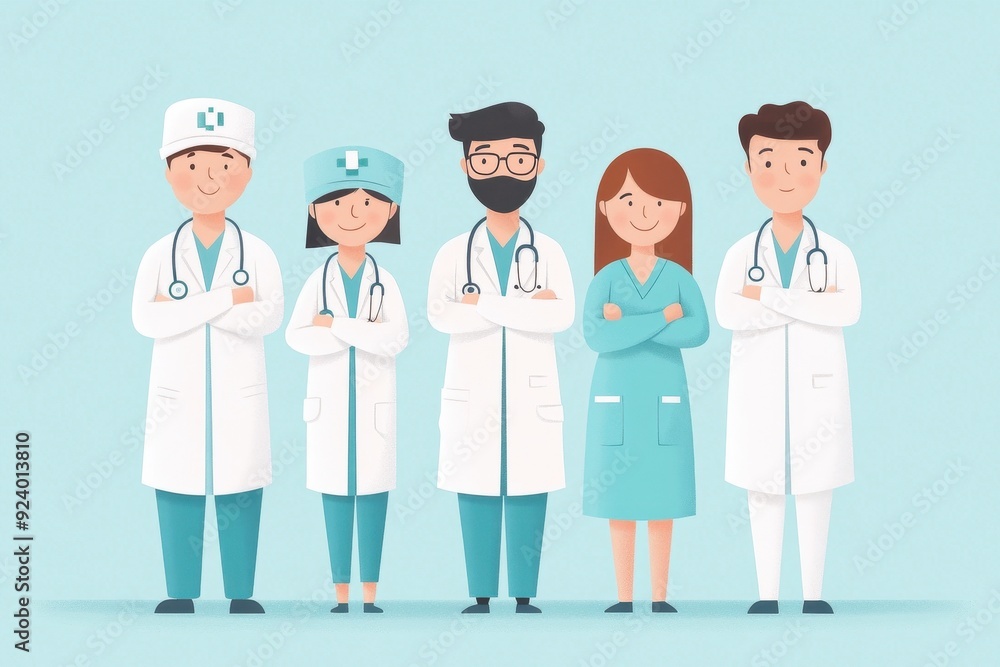 Vibrant Vector Illustration of Diverse Healthcare Professionals in a Bustling Hospital Setting, Hand-Drawn Style Depicting Medical Occupations Vibrant Vector Illustration of Diverse Healthcare Professionals in a Bustling Hospital Setting, Hand-Drawn Style Depicting Medical Occupations
