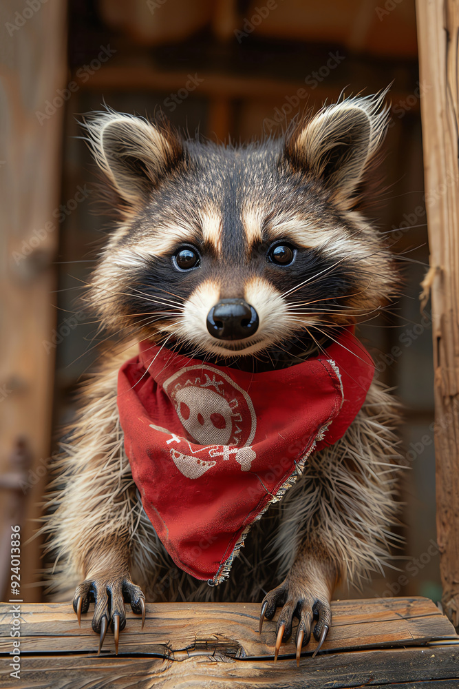 Raccoon dressed as a pirate, wearing a red bandana, standing in front of wooden ship wall Raccoon dressed as a pirate, wearing a red bandana, standing in front of wooden ship wall