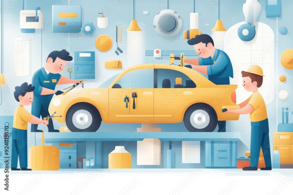Naklejka premium Diverse Mechanics Repairing Cars in Vibrant Garage - Hand-Drawn Vector Illustration of Technical Professionals at Work