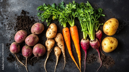 A rustic display of root vegetables, including potatoes, carrots, and beets, arranged on a dark charcoal concrete surface with a light dusting of soil photo