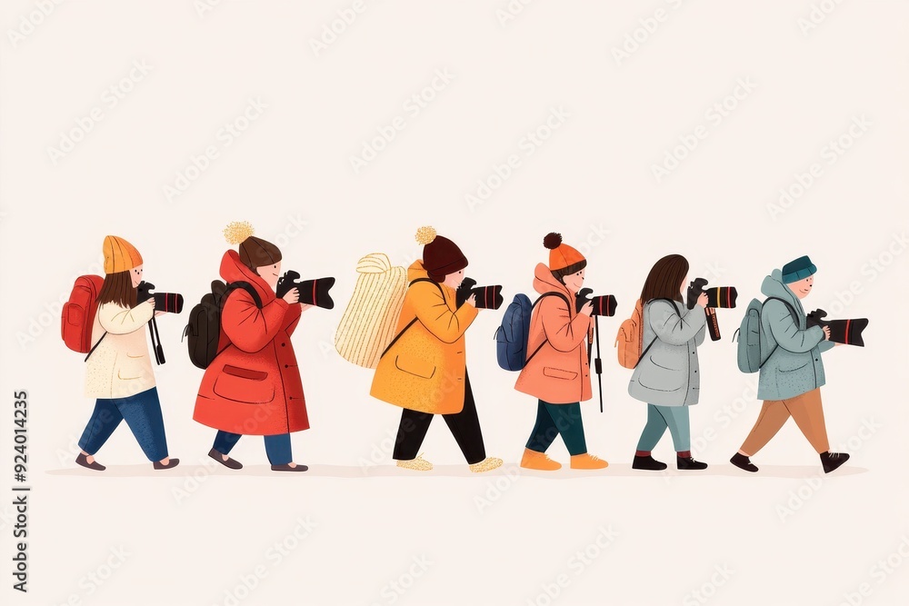 Fototapeta premium Creative Diversity - Vector Illustration of Multicultural Photographers Capturing Vibrant Moments in Hand-Drawn Style