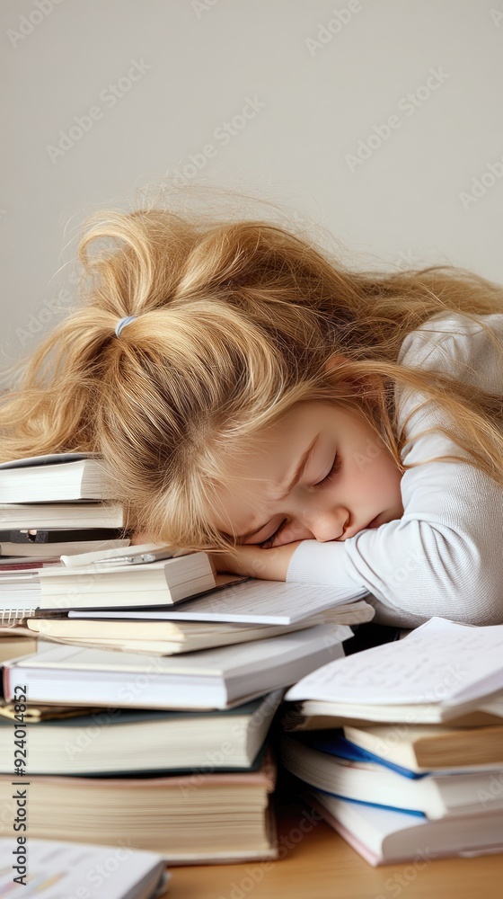 A young girl rests her head on her arms at a desk, surrounded by books and stationery, in a calm study room after her study session for an exam A young girl rests her head on her arms at a desk, surrounded by books and stationery, in a calm study room after her study session for an exam
