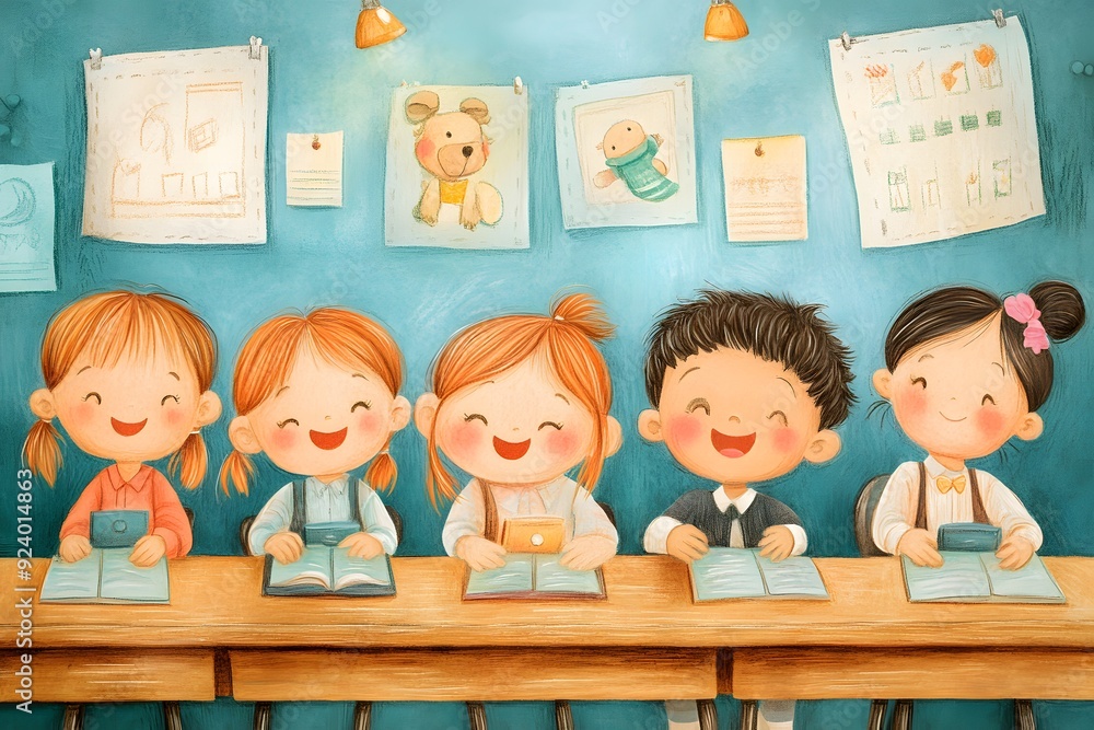 Illustration of happy children in a school Illustration of happy children in a school