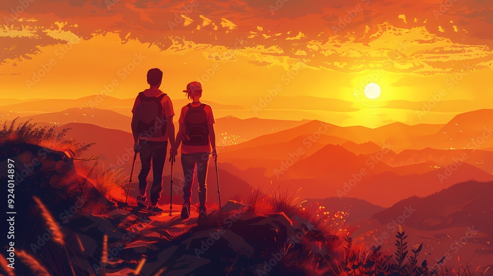 Obraz premium A couple stands on a mountain top looking at the sunset over rolling hills.