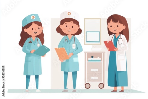 Cheerful Diversity in Pediatric Ward - Hand-drawn Vector Illustration of Multicultural Nurses Caring for Children