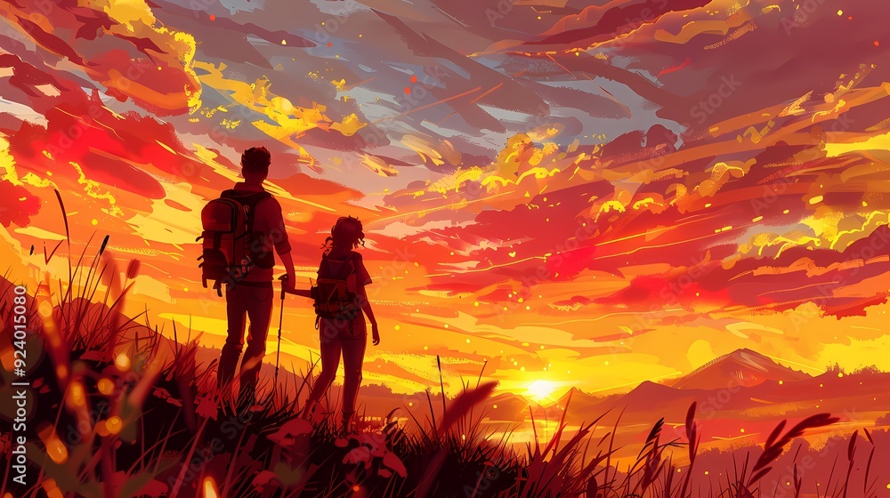 Obraz premium A couple silhouetted against a vibrant orange sunset, gazing at the horizon with backpacks on, standing in tall grass on a mountain top.