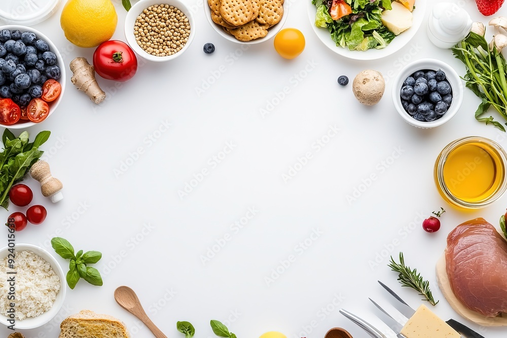 A organized variety of healthy foods displayed on a clean white background A organized variety of healthy foods displayed on a clean white background
