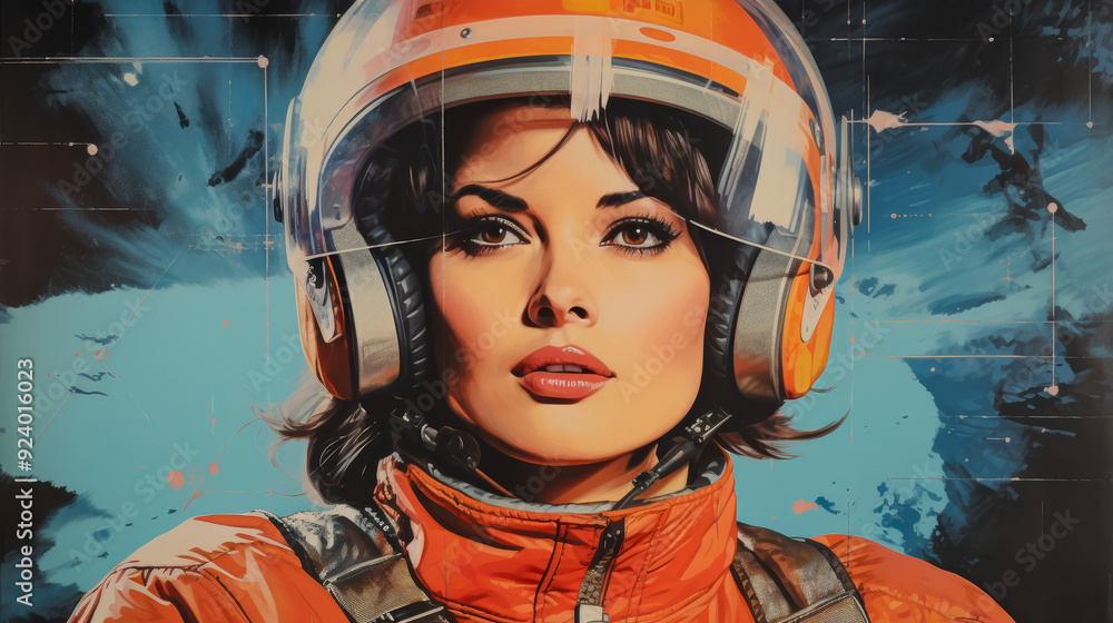 Young woman wearing spacesuit, portrait of girl in helmet for futuristic space travel on stars background. Young woman wearing spacesuit, portrait of girl in helmet for futuristic space travel on stars background.