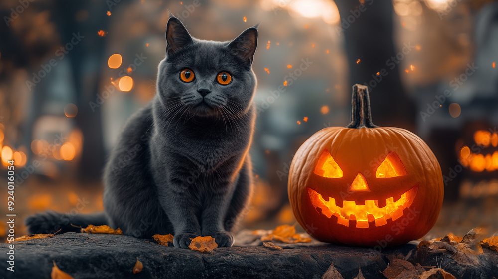 Naklejka premium A black cat sits beside a carved pumpkin on a fall evening in a wooded area