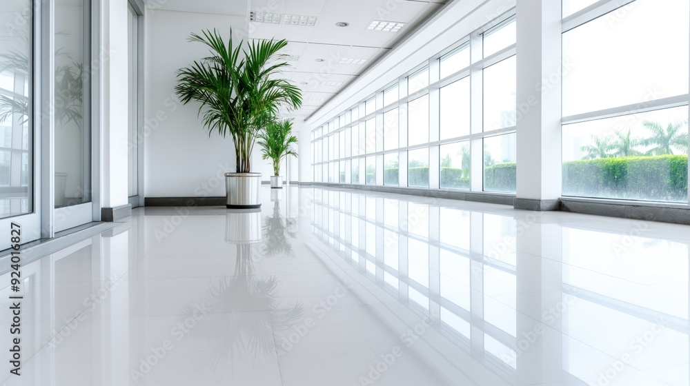 The hallway features glossy floors, tall windows flooding the space with natural light, and potted plants adding a touch of greenery to the contemporary design The hallway features glossy floors, tall windows flooding the space with natural light, and potted plants adding a touch of greenery to the contemporary design