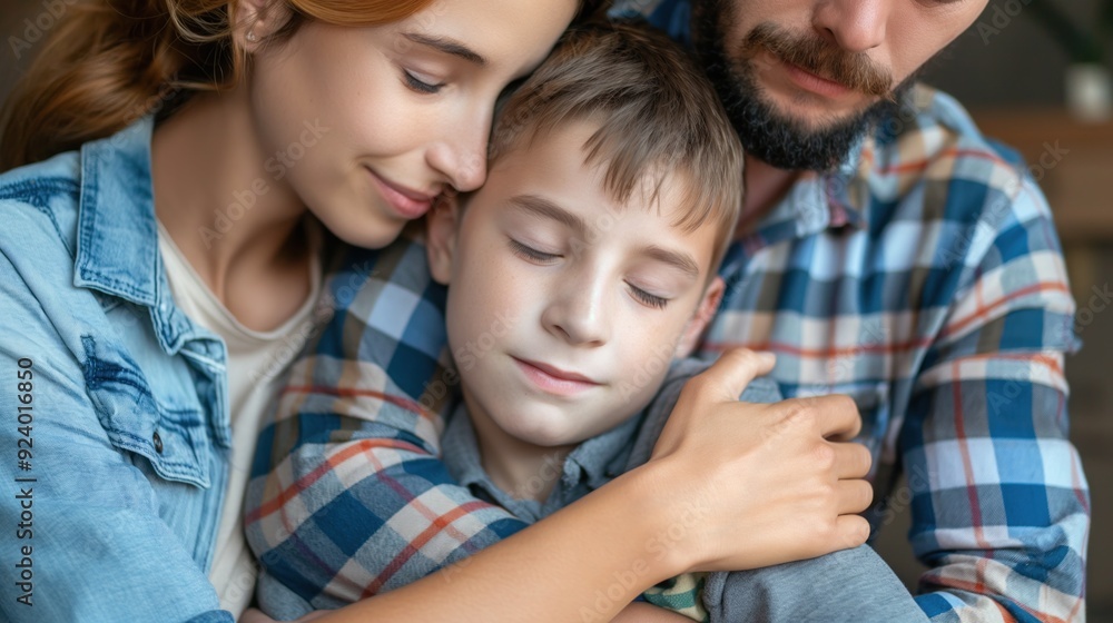 Parents comforting a child after a bullying incident, expressions of love and protection, promoting anti-bullying awareness and child safety, home setting with supportive atmosphere Parents comforting a child after a bullying incident, expressions of love and protection, promoting anti-bullying awareness and child safety, home setting with supportive atmosphere