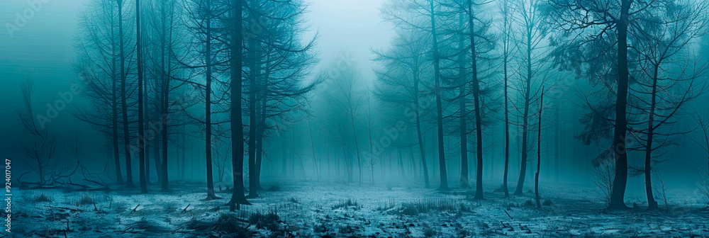 Fototapeta premium misty autumnal landscape panorama, magical fog in winter forest in snow, mysterious mystical seasonal landscape, blank for designer
