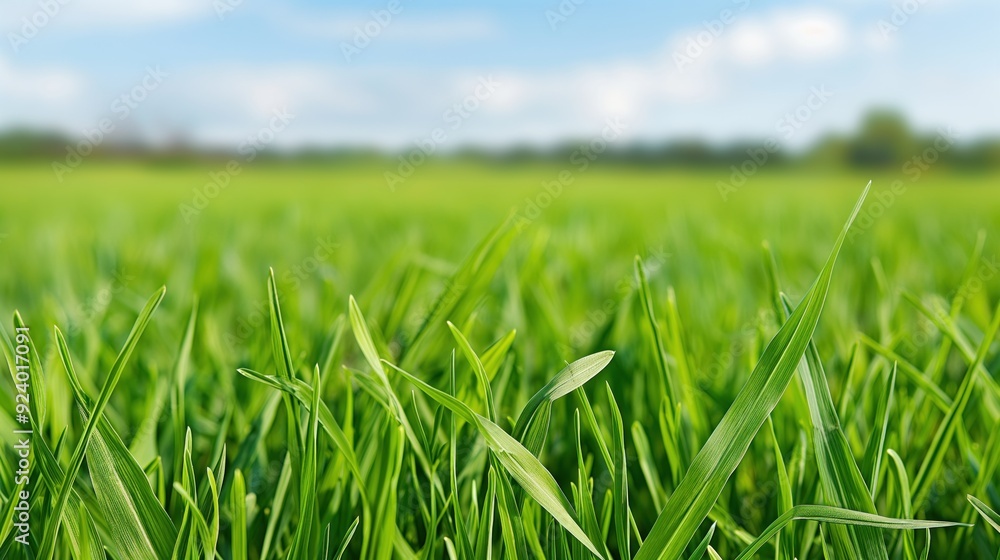 Bright green grass grows tall, swaying gently in the light breeze under a clear blue sky with scattered clouds on a sunny day in a peaceful rural setting Bright green grass grows tall, swaying gently in the light breeze under a clear blue sky with scattered clouds on a sunny day in a peaceful rural setting