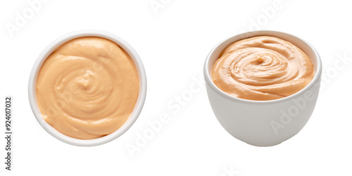 Salsa golf in a white bowl on transparent background. Top and front view. 