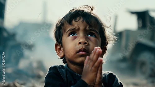 Child in a war-torn area emotinally praying