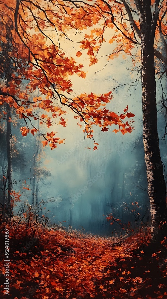 A Misty Forest Path with Autumn Leaves and a Single Tree in the Foreground A Misty Forest Path with Autumn Leaves and a Single Tree in the Foreground