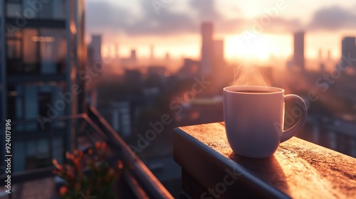 Fototapeta Naklejka Na Ścianę i Meble -  Morning coffee on a small balcony overlooking a bustling city, steam rising from the cup, warm sunlight, sense of relaxation and urban life, peaceful morning routine
