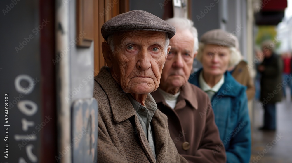 Three elderly people sit quietly on a city sidewalk, engaged in thought and conversation, while the overcast sky looms above, reflecting a calm afternoon atmosphere Three elderly people sit quietly on a city sidewalk, engaged in thought and conversation, while the overcast sky looms above, reflecting a calm afternoon atmosphere
