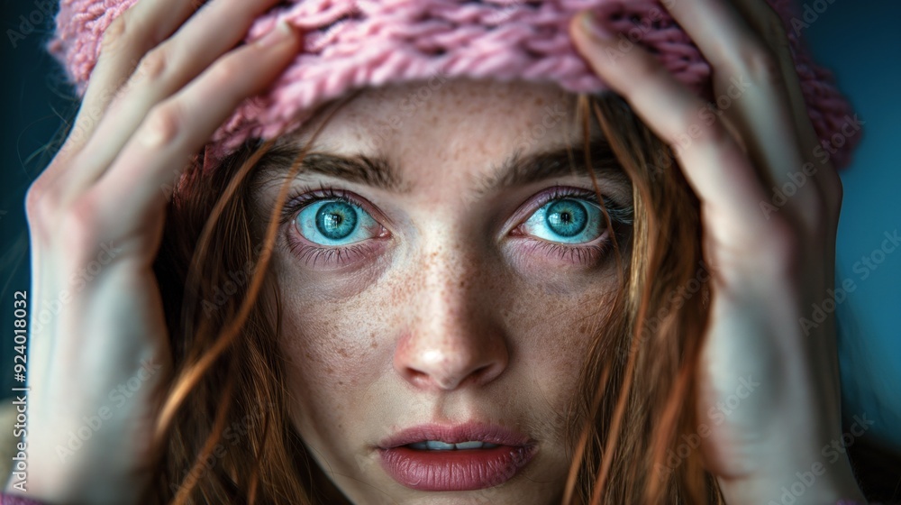 Obraz premium A young woman with vibrant blue eyes and freckles holds her pink hat while looking directly into the camera, conveying a mix of emotions in a warm, intimate environment