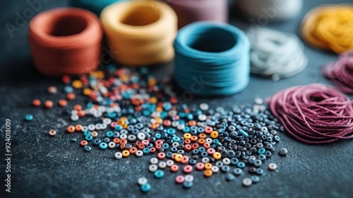 A colorful assortment of beads, threads, and wool is displayed in an artful arrangement, demonstrating the vibrancy and creativity involved in the world of arts and crafts. photo