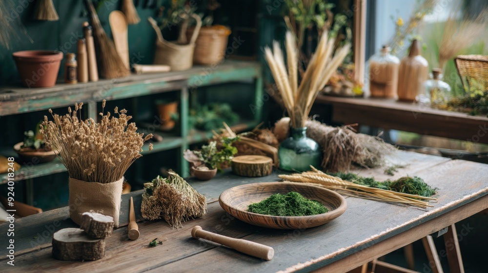 Dried plants and herbs are arranged on a rustic wooden table in a charming workshop, highlighting natural elements and crafting materials in a warm, inviting atmosphere Dried plants and herbs are arranged on a rustic wooden table in a charming workshop, highlighting natural elements and crafting materials in a warm, inviting atmosphere