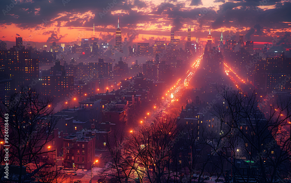 A vibrant city skyline at dusk, illuminated by numerous lights, creating a captivating evening atmosphere.
A vibrant city skyline at dusk, illuminated by numerous lights, creating a captivating evening atmosphere.
