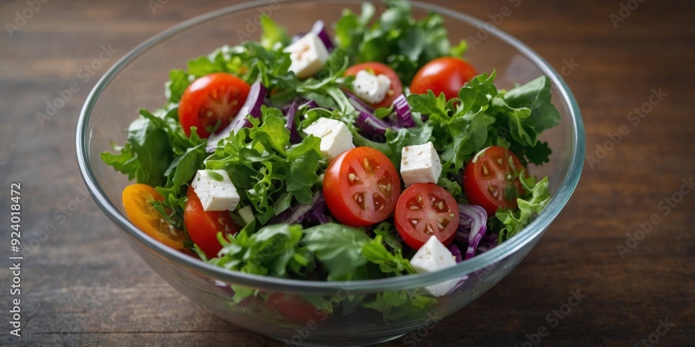 Top view of a fresh vegetable salad in a glass bowl. Top view of a fresh vegetable salad in a glass bowl.
