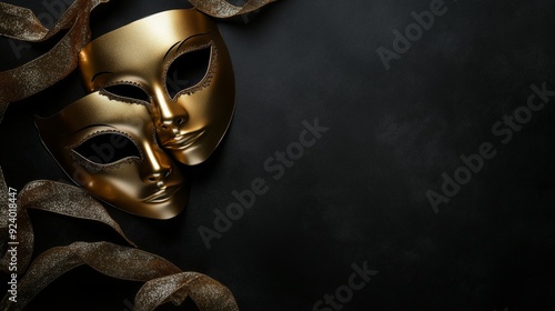 Gold decorative mask with ribbons on a black background