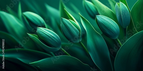 Wallpaper Mural green tulip buds with dewdrops, ideal for nature-themed backgrounds and botanical designs Torontodigital.ca