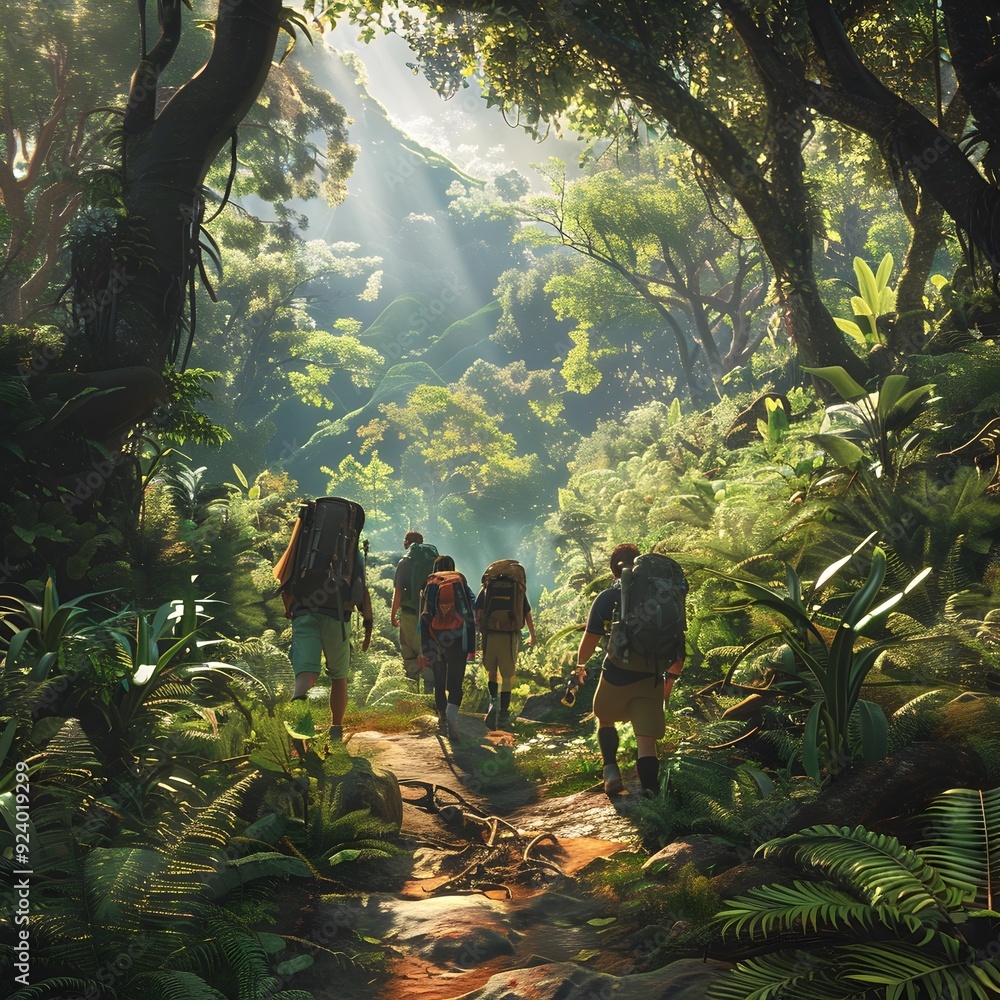 Adventurous Hikers Traversing a Lush Vibrant Forest Trail in a Picturesque Mountain Landscape Adventurous Hikers Traversing a Lush Vibrant Forest Trail in a Picturesque Mountain Landscape