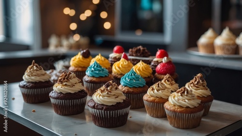 Table Filled with Delicious Cakes and Cupcakes. photo