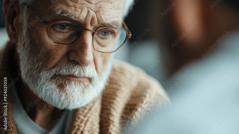 Elderly person with white hair in a cozy brown sweater engaged in an intimate conversation with another individual, exemplifying warmth and connection. Elderly person with white hair in a cozy brown sweater engaged in an intimate conversation with another individual, exemplifying warmth and connection.