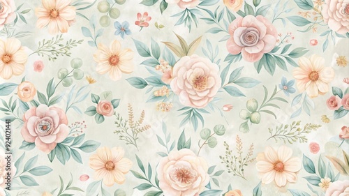 Wallpaper Mural A beautiful watercolor pattern featuring delicate pink and yellow flowers, lush green leaves, and small floral details on a light green background. The pattern evokes a sense of springtime, nature, an Torontodigital.ca