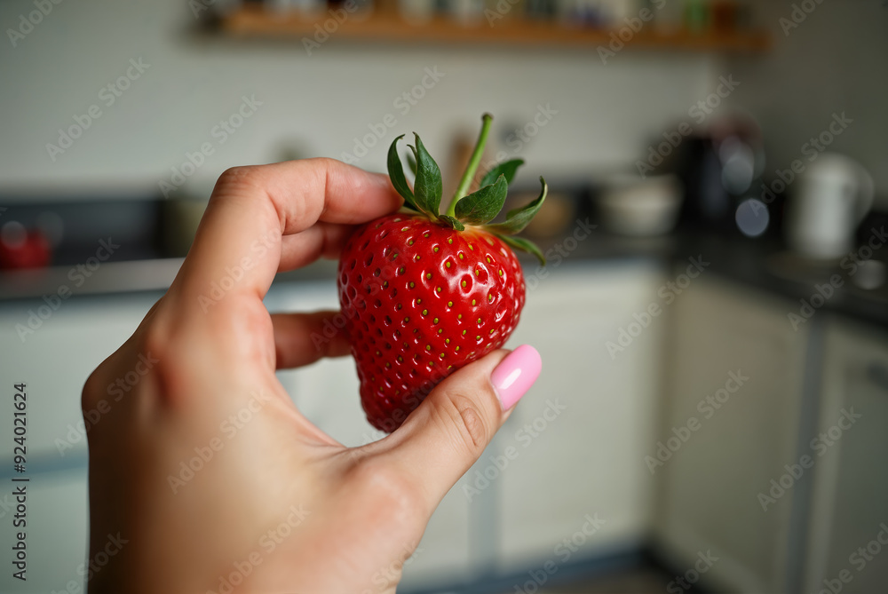 Obraz premium Female hand with pink nails holding a big red juicy strawberry, healthy lifestyle and fresh fruit, indoor white kitchen background, freshly picked in homegrown garden.