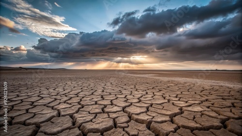 A barren landscape with cracked earth symbolizes drought, climate change, fragility, hope, and resilience.