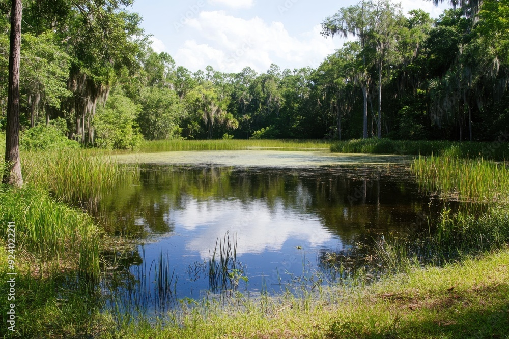 expanse of meadow and wetland, with some trees in the background. In the center is an open pond covered with water lilies expanse of meadow and wetland, with some trees in the background. In the center is an open pond covered with water lilies
