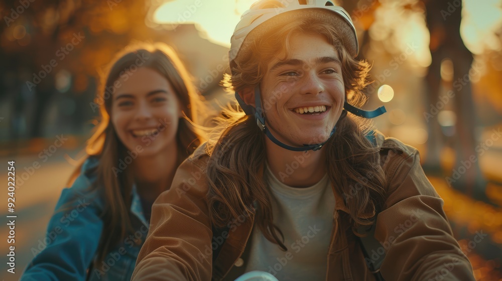 Young man and woman enjoying a bicycle ride together, the young man is wearing a helmet. Young man and woman enjoying a bicycle ride together, the young man is wearing a helmet.