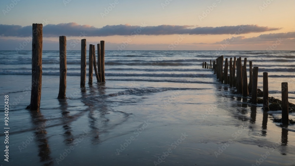 Gentle dawn light washes over a serene coastal scene, where old wooden posts stand quietly in the soft tide. Gentle dawn light washes over a serene coastal scene, where old wooden posts stand quietly in the soft tide.