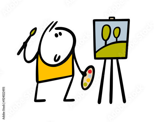 Funny inspired artist paints landscape. Vector illustration of   stickman stands with a brush and  easel in nature and creates  masterpiece in the style of impressionism. Trees and grass, green. 