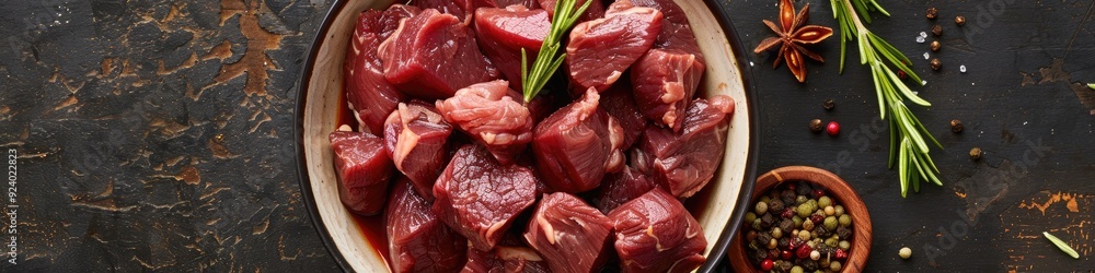 Raw venison pieces for making ragout or goulash, combined with fresh vegetables, juniper berries, and allspice for cooking.
