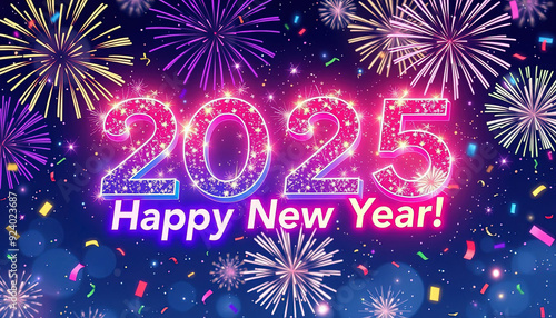 Text Happy New Year 2025 on blue background with fireworks