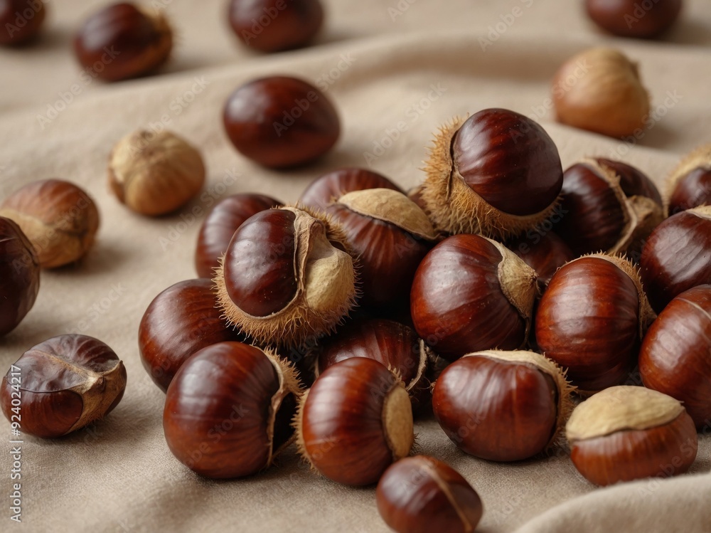 Tasty ripe chestnuts on pastel beige background Aesthetic autumn harvest, desserts concept. Tasty ripe chestnuts on pastel beige background Aesthetic autumn harvest, desserts concept.