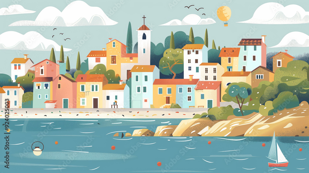 Cute seaside town with a picturesque view and nice coastal houses on the river, drawing vector illustration Cute seaside town with a picturesque view and nice coastal houses on the river, drawing vector illustration