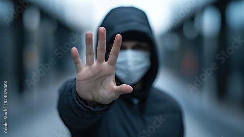 A masked individual raises a hand in a gesture of caution, symbolizing safety and awareness in urban settings.