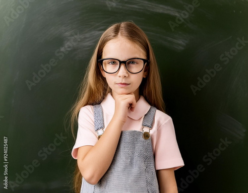 Smart schoolgirl in glasses thinking on schoolboard background, intelligent pupil concept photo