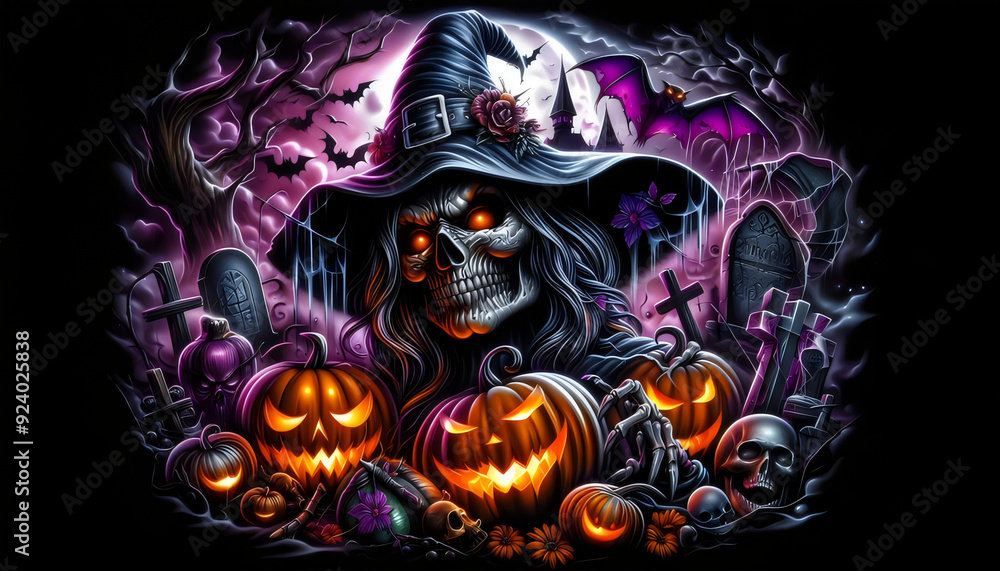Terrifying Witch Surrounded by Halloween Icons in Vivid Airbrush Art Terrifying Witch Surrounded by Halloween Icons in Vivid Airbrush Art