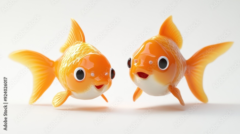 Close-Up of Two Cute Vibrant Orange Goldfish on White Background Smiling at Each Other Close-Up of Two Cute Vibrant Orange Goldfish on White Background Smiling at Each Other
