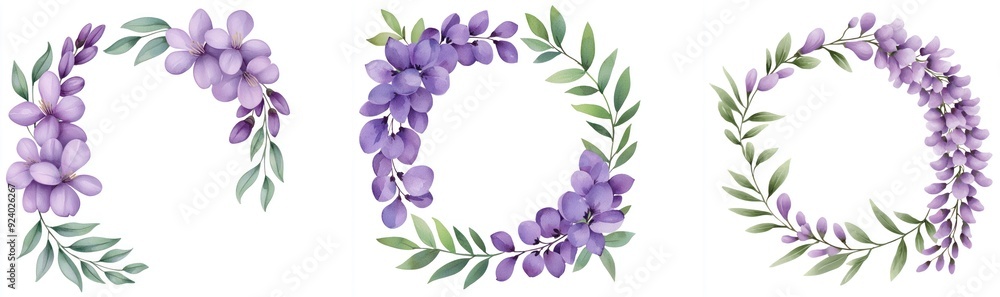 Beautiful watercolor wreaths featuring purple flowers and green leaves, perfect for invitations or decorative purposes. Beautiful watercolor wreaths featuring purple flowers and green leaves, perfect for invitations or decorative purposes.