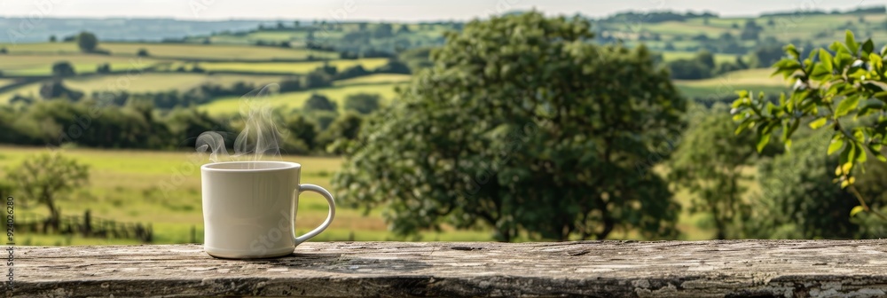 Fototapeta premium Tranquil scene white coffee mug on wooden table with steam, natural green landscape in background