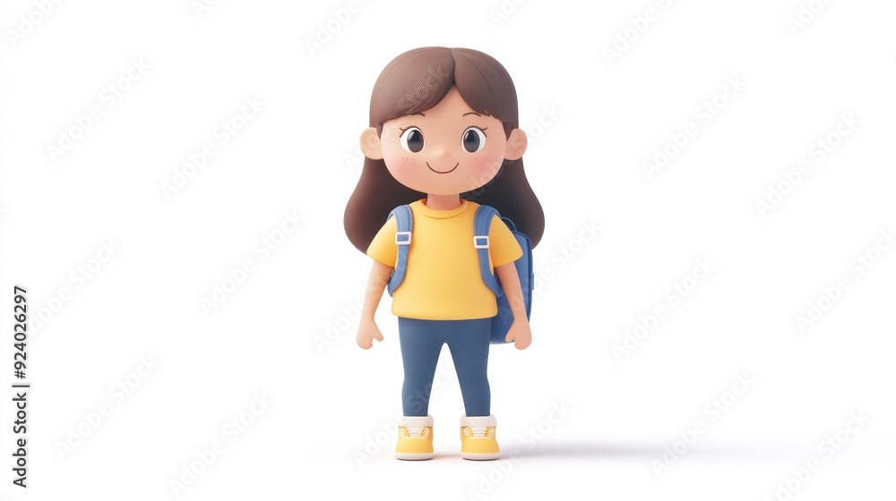 3D Young Girl Backpack Light Background Illustration Cartoon Style 3D Young Girl Backpack Light Background Illustration Cartoon Style